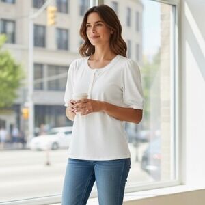 J. Crew Smocked Henley Knit Top White Lace Trim Puff Sleeve T Shirt Size Medium